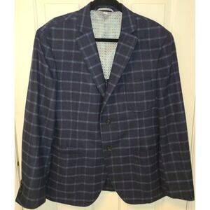 JKT New York 44R Wool BLend Blazer Modern Sport Coat Suit Jacket Navy Blue Plaid